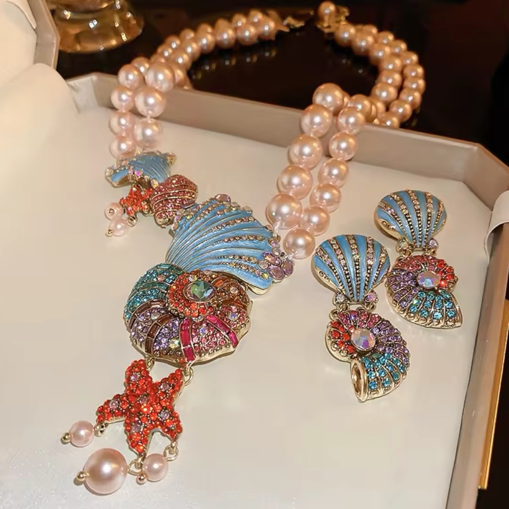 Ariel - Crystal Pearl Double-layer Necklace&Earrings Retro Design. High Quality